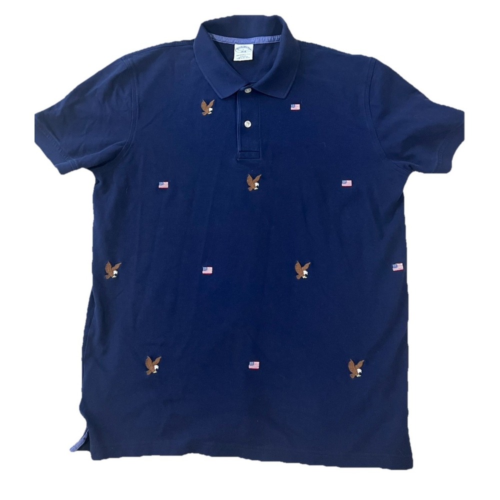 Brooks Brothers Mens‎ Slim Fit Performance Polo Shirt Navy Large USA Flag Eagles